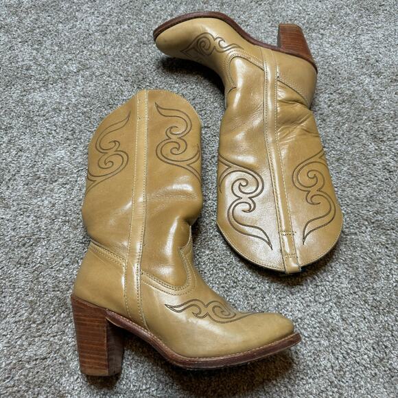 Dingo Western Cowboy Cowgirl Tan Round Toe Leather Heeled Boots Size 5 M - Picture 2 of 6